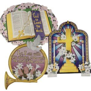 VNTG 1989 Beistle Co Cardboard Wall Decor Easter Bible & Trumpet Dove Jesus LOT